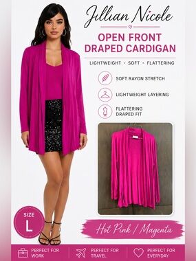 Jillian Nicole Magenta Open Front Draped Cardigan Rayon Stretch Lightweight L